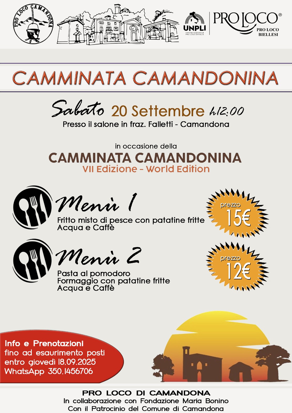 Menù 20 settembre Pro Loco Camandona